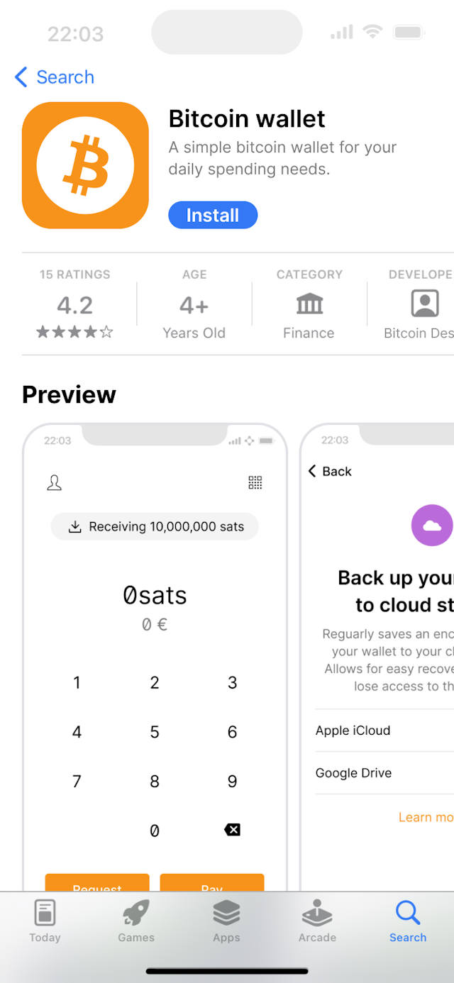 Bitcoin wallet in an app store