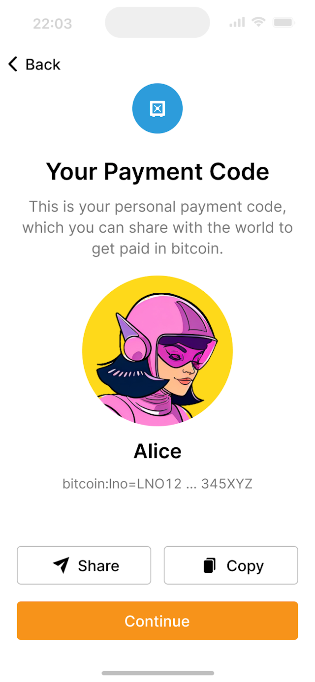 A UI where Alice can retrieve her payment code, a BIP21 URI with a BOLT 12 offer.