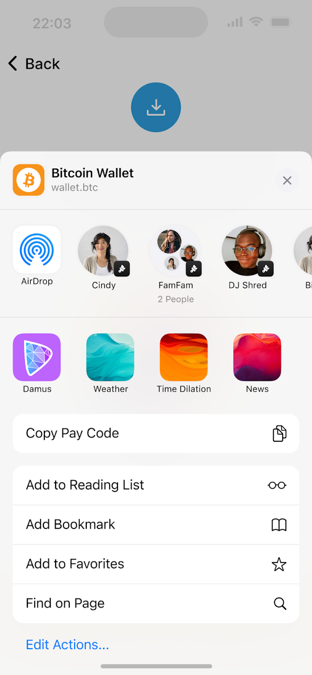 UI of opening the share tray on iOS